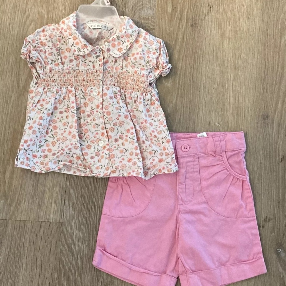 George Girl’s Size 24 Months Pink Floral Smocked Top With  Matching Pink Shorts